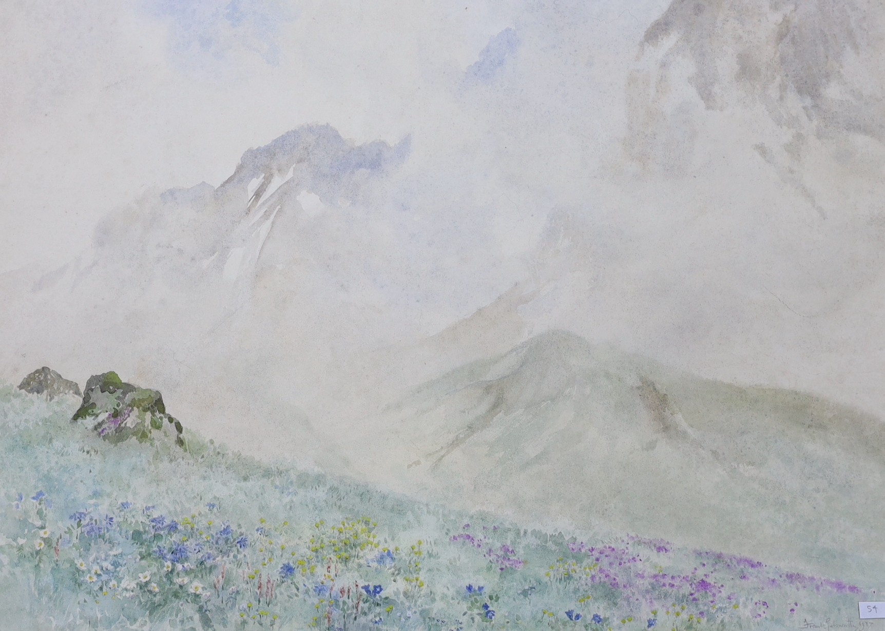 Frank Galsworthy (1863-1959), watercolour, Mountain landscape with spring flowers in the foreground, signed and dated 1987, 54 x 74cm